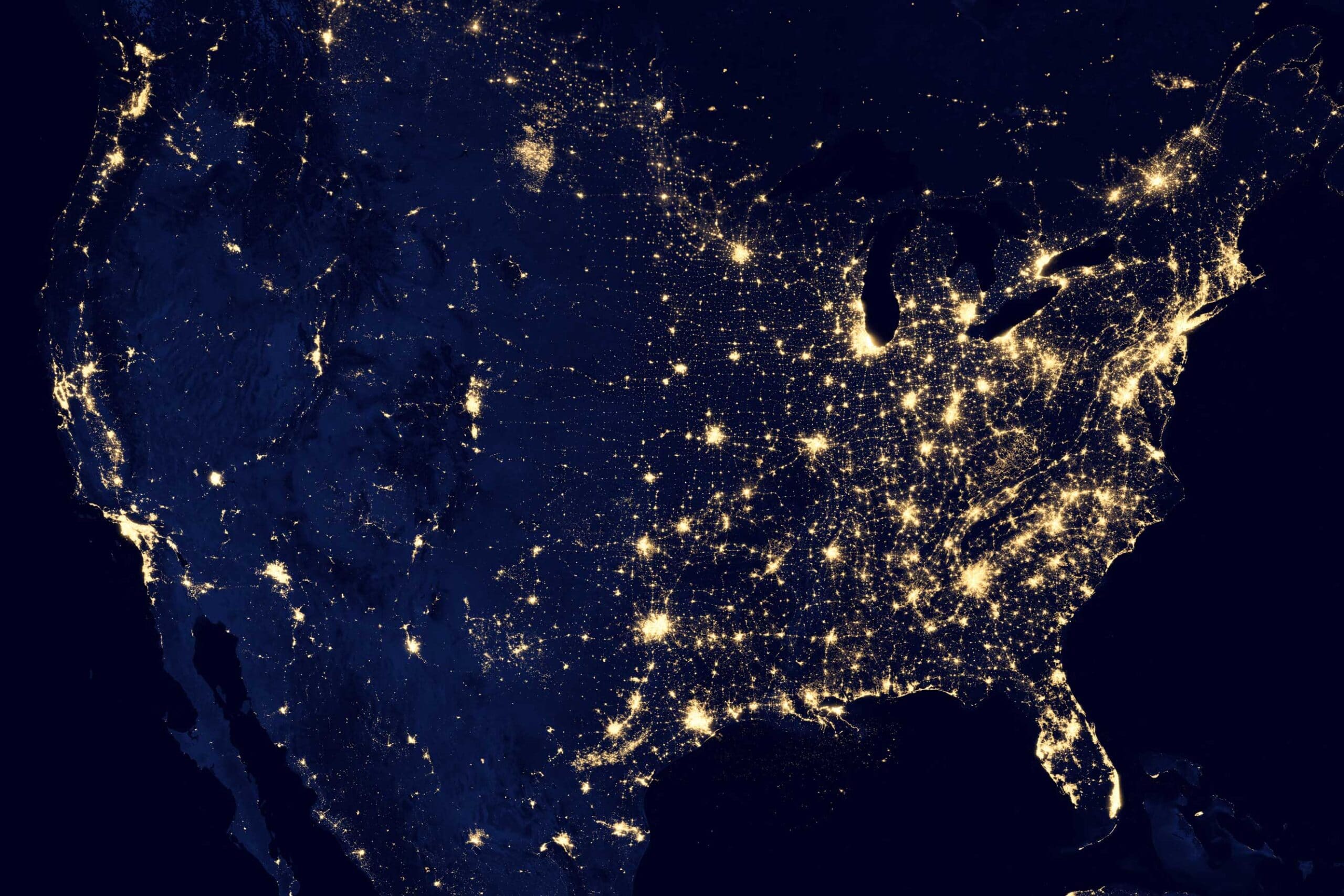 United States map showing bright lights over big cities