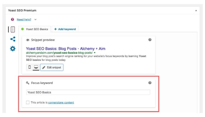 Image of Yoast SEO Basics Blog Post Focus Keyword