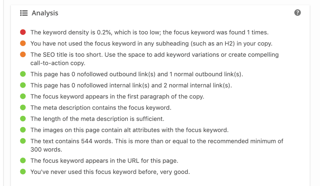 Image of Yoast SEO Analysis section stoplight system