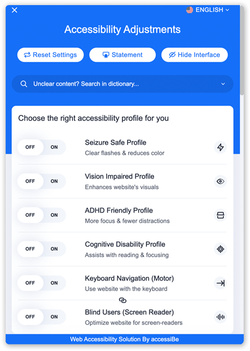 AccessiBe plugin screenshot displaying Accessibility Adjustments and a list of options to choose the right accessibility profile for you