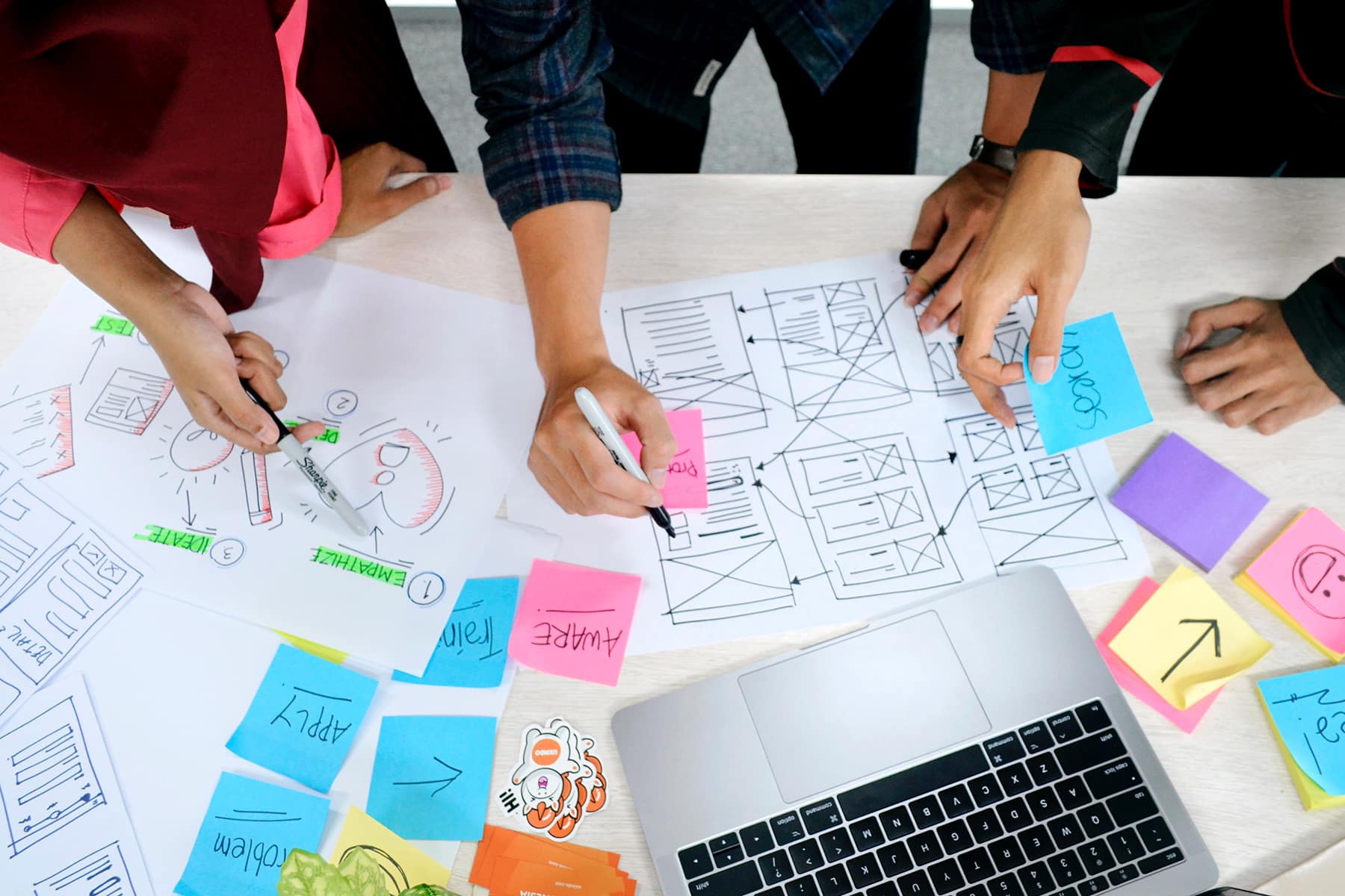 Team of people looking at wireframes and post it notes.