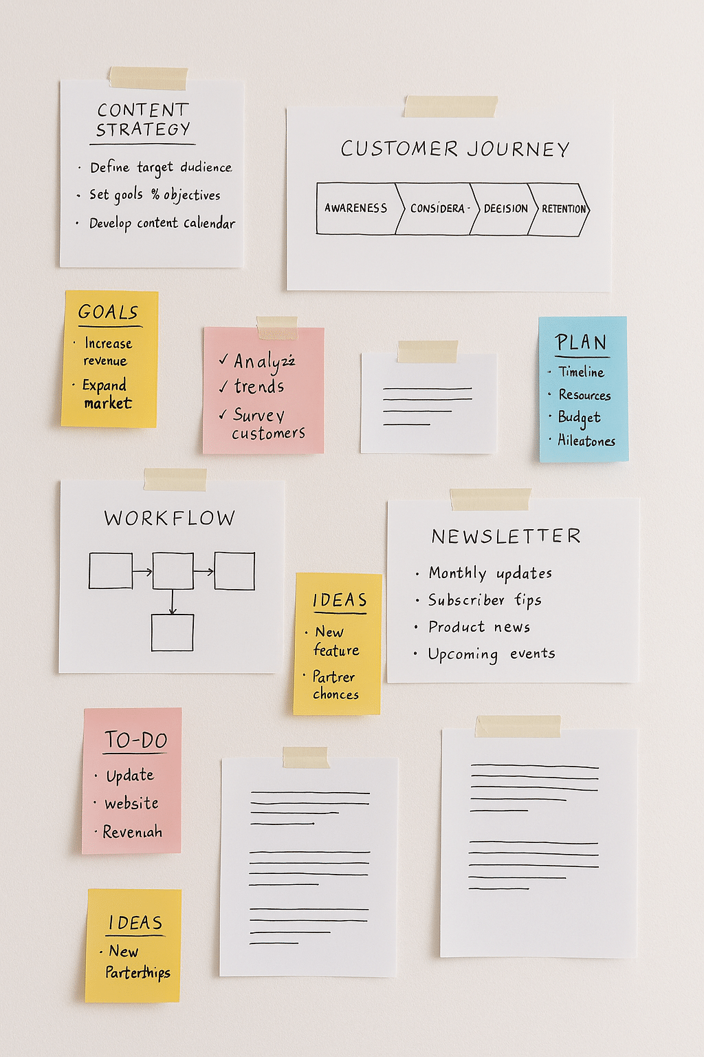 white board with notes and papers